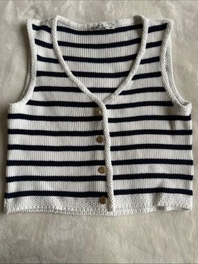 Abercrombie & Fitch Navy and White Striped Knit Button Front Tank